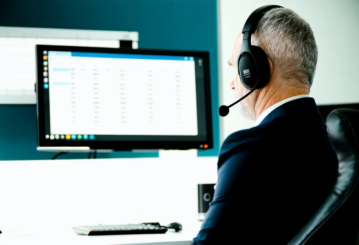 Operador de negociação com headset diante de um monitor com uma relação de valores.