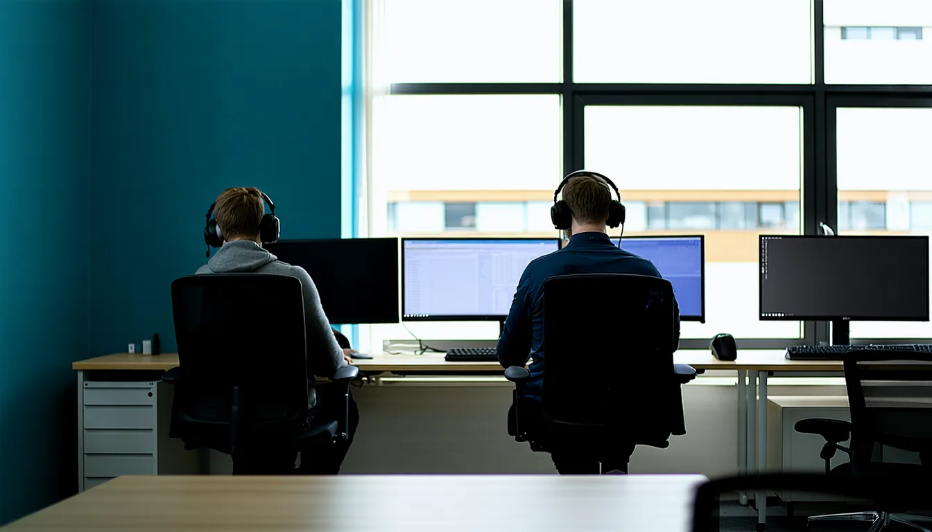 Equipe de negociação trabalhando em estações com headset.
